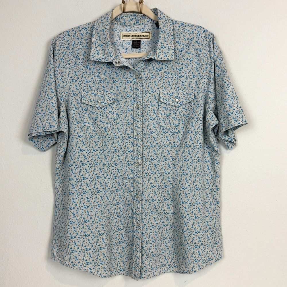Bit & Bridle Grey Blue Floral Pearl Snap Western Shirt L